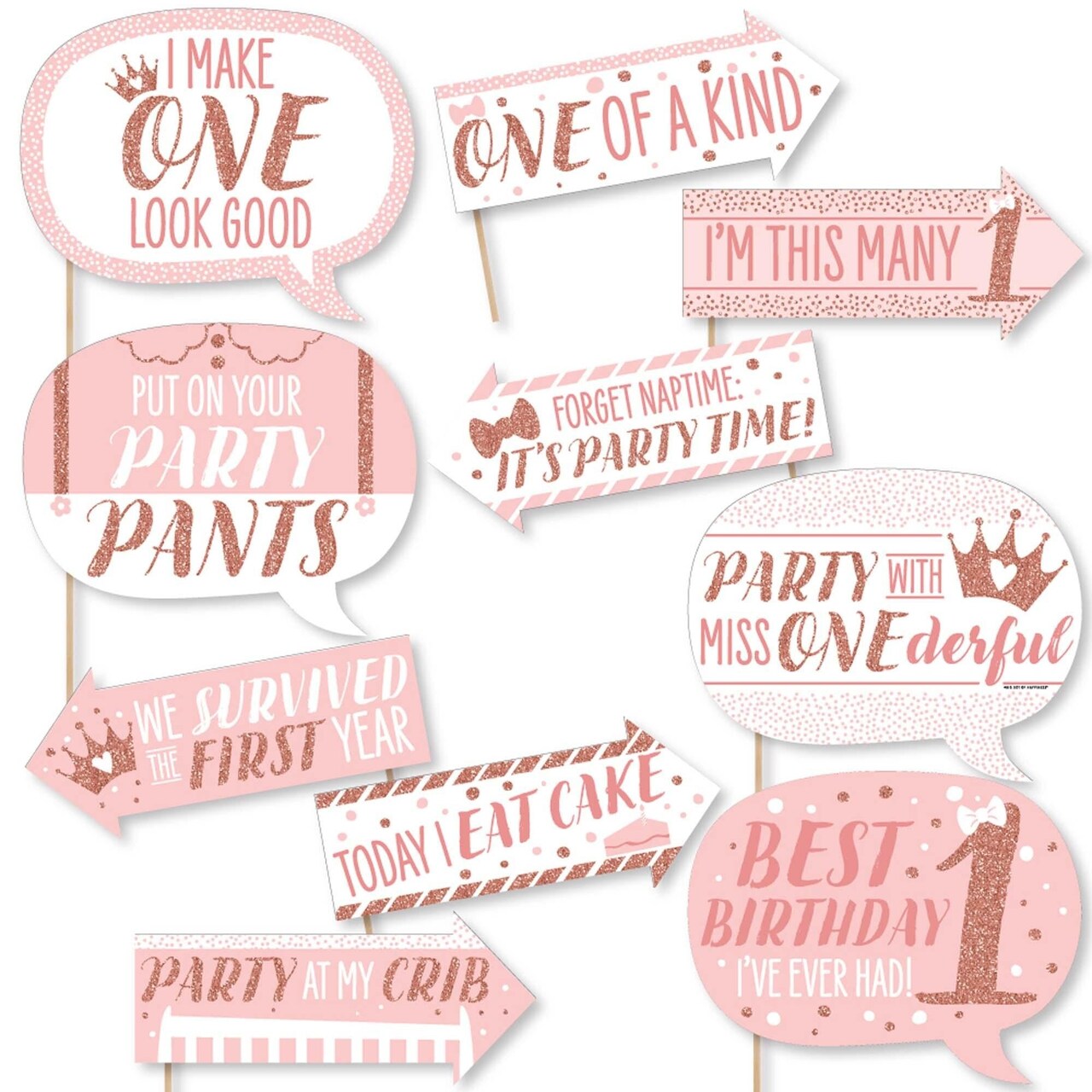 Big Dot of Happiness Funny 1st Birthday Little Miss Onederful - Girl First Birthday Party Photo Booth Props Kit - 10 Piece